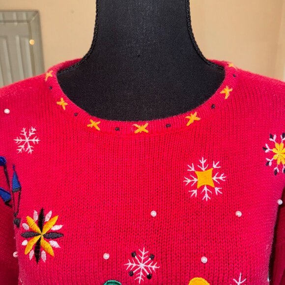 Designers Originals Studio L Red Ugly Christmas Holiday Sweater Skating Penguins - Picture 10 of 14